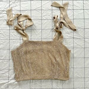Y2K Champagne Sequin Ribbon Strap Crop Top